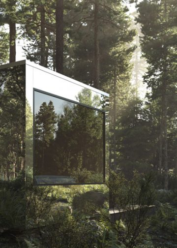 Các ngôi nhà cabin phản chiếu hòa vào cảnh quan khu rừng ở Canada