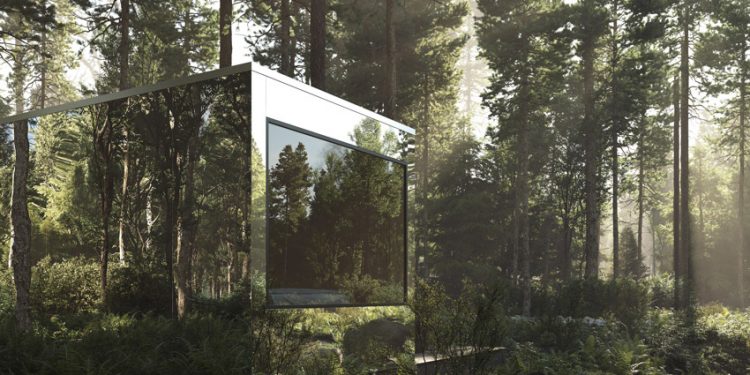 Các ngôi nhà cabin phản chiếu hòa vào cảnh quan khu rừng ở Canada