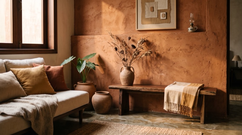 Không gian sống tông terracotta với tường đất trát tay và ánh sáng ấm