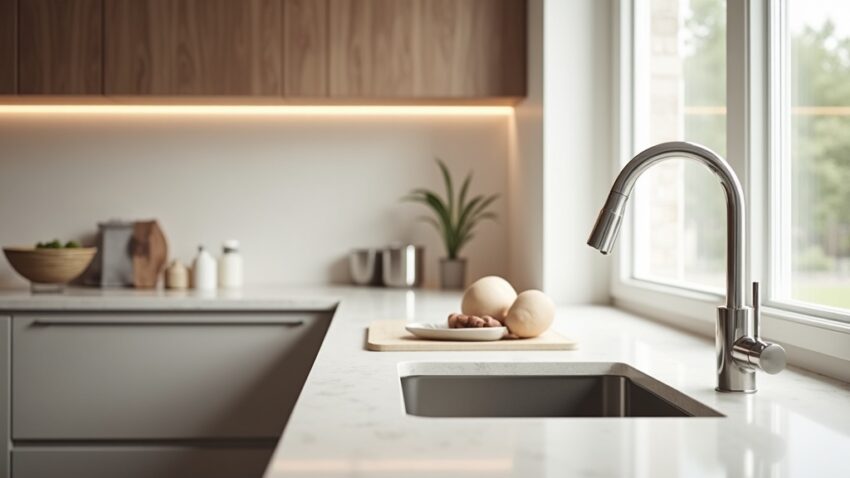 Bếp với vòi chrome và mặt tủ thép không gỉ