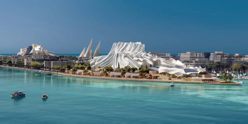 Phối cảnh nhà hát Dar al Funoon Abu Dhabi với những khối vỏ cong như vải
