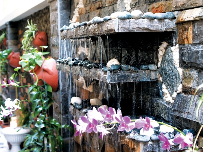 Khoảng trống bên hông nhà được trang trí các giò lan, cây xanh và một thác nước để mang hơi nước mát vào nhà