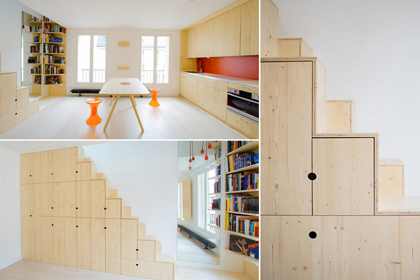 Căn hộ nhỏ dùng cầu thang gác mái làm tủ đựng