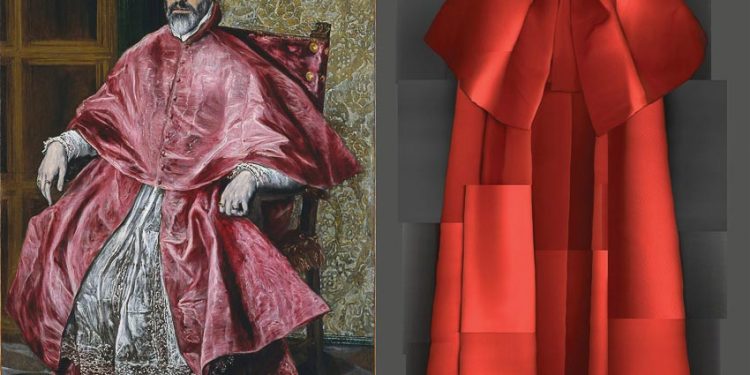 Chân dung Hồng y Fernando Niño de Guevara (1541-1609), được El Greco vẽ khoảng năm 1600, bên cạnh là thời trang của nhà tạo mốt Cristóbal Balenciaga trong bộ sưu tập Thu-Đông 1954-1955