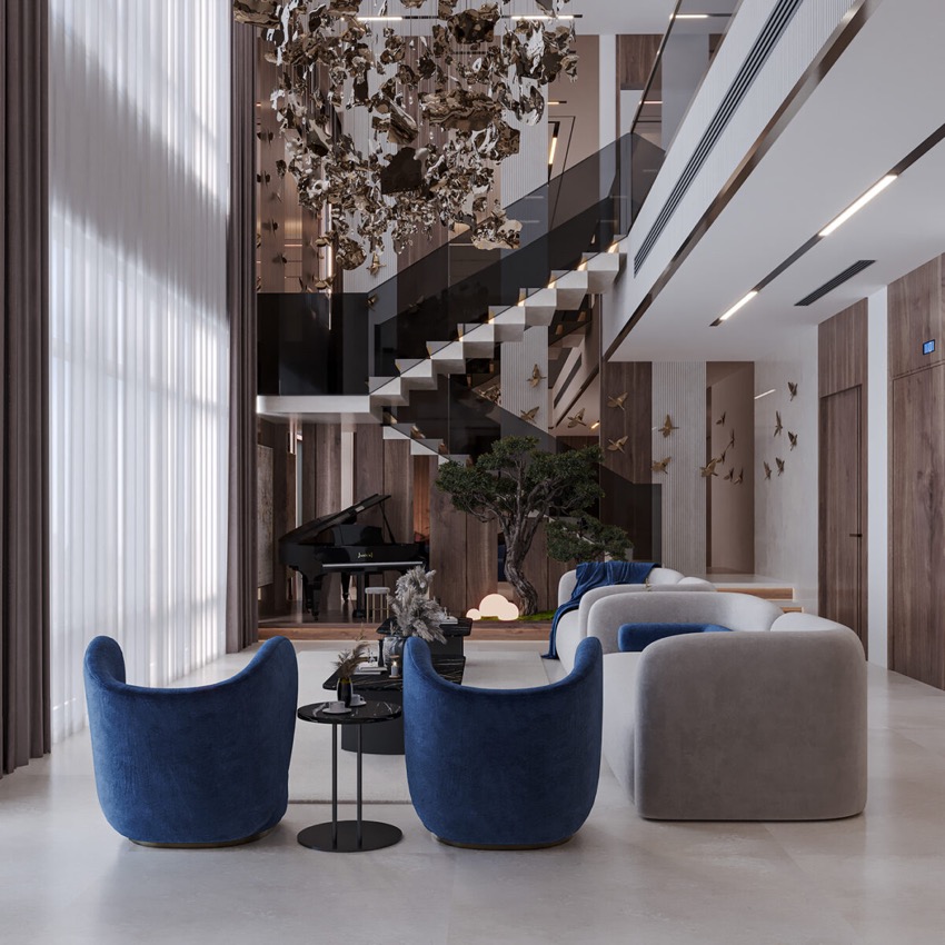 Không gian phong cách Contemporary pha trộn kính, kim loại và gỗ