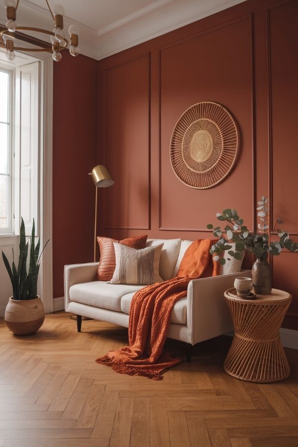 Phòng khách tường màu terracotta