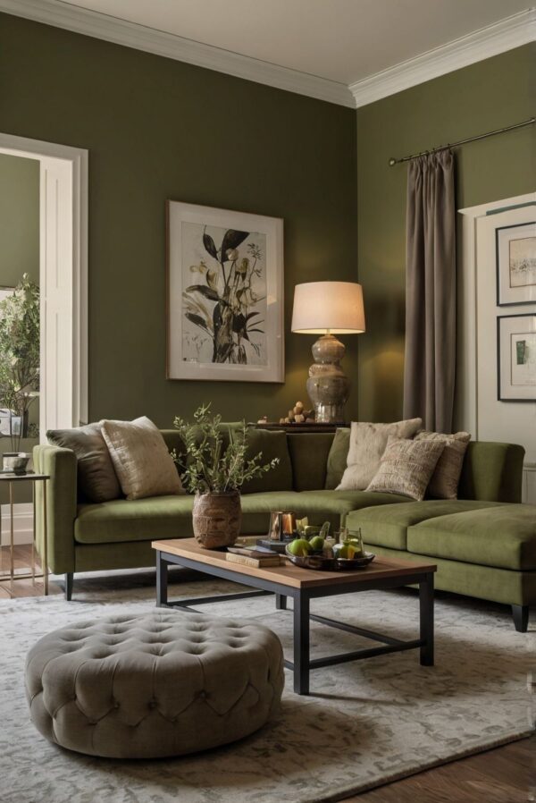 Tường xanh olive trầm trong phòng khách