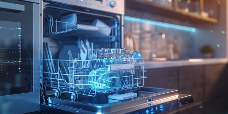 Máy rửa chén đặt cạnh bồn rửa trong bếp căn hộ