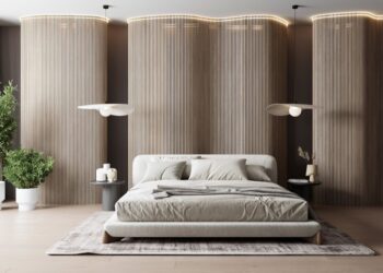 Tường gỗ uốn cong ghép từ nan mảnh trong phòng khách