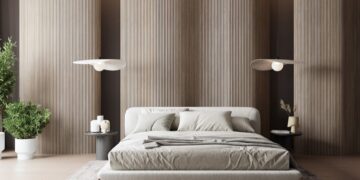 Tường gỗ uốn cong ghép từ nan mảnh trong phòng khách