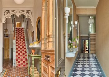 Lối vào hẹp với thảm runner họa tiết và bàn console treo tường phong cách Anh - 9