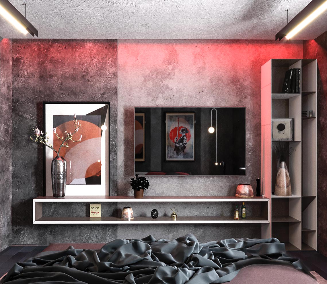 Thiết kế nội thất hiện đại với tông màu đỏ và xám theo phong cách Nhật Bản-11