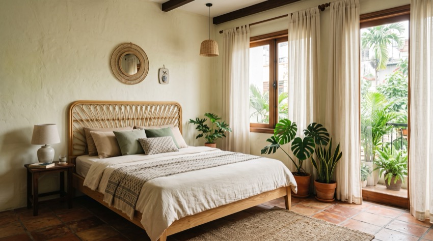 Phòng ngủ nhà phố với đầu giường mây tre và tường trát vôi