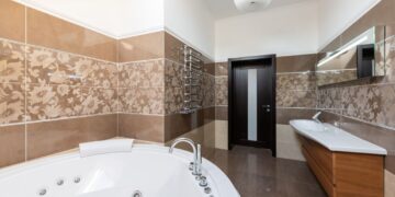Phòng tắm với chậu rửa bo tròn