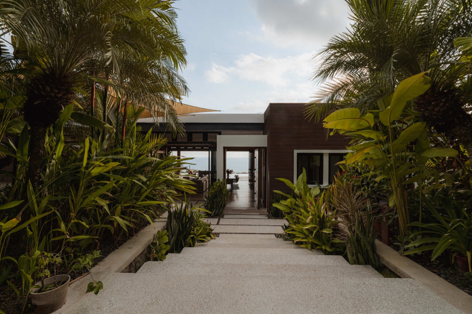 Lối vào Tierra y Mar House giữa cây rừng